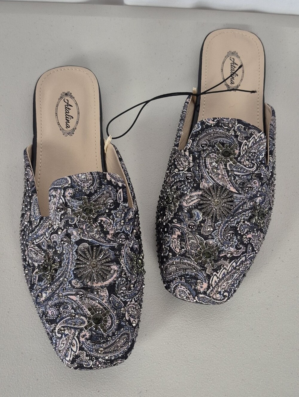 Atalina Paisley Rhinestone Embellished Slip-On Mules - Size 10
